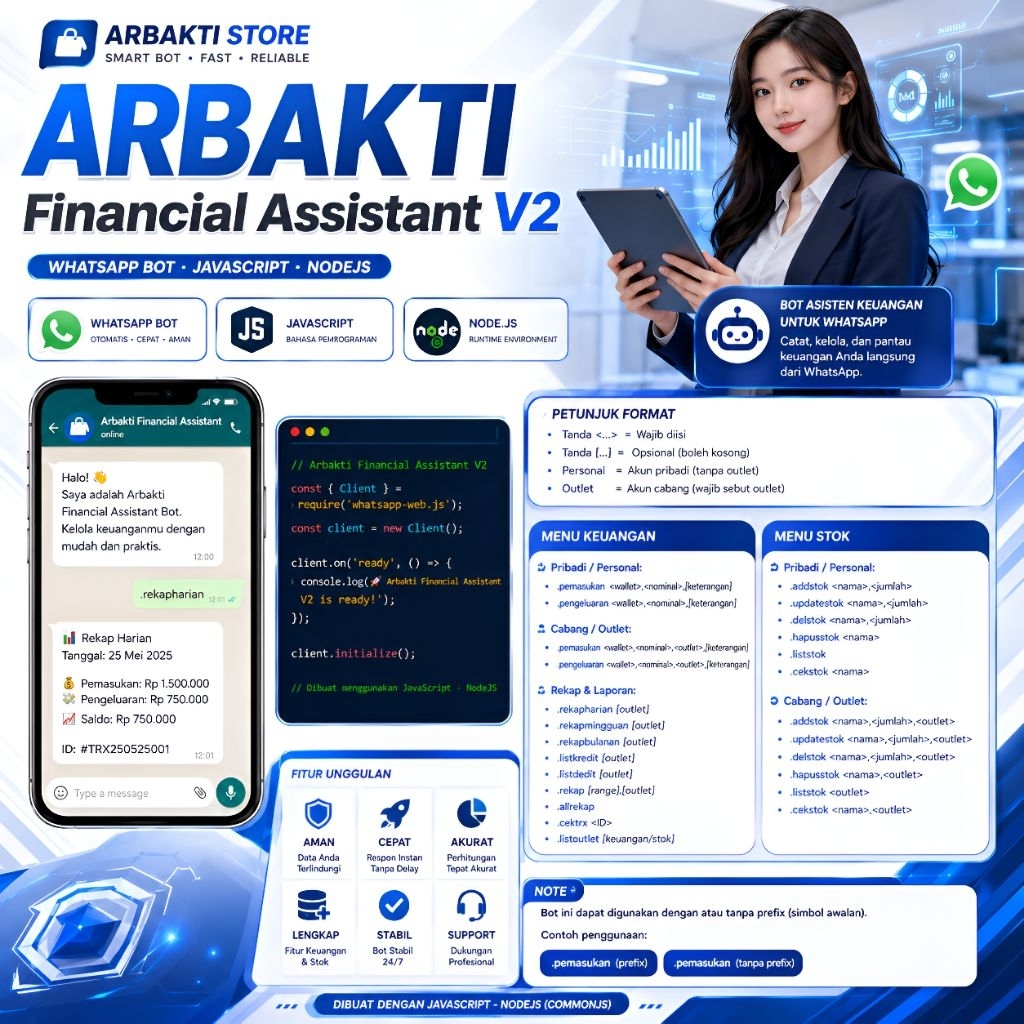 ARBAKTI Financial Assistant V2 | Bot WhatsApp Keuangan & Stok Otomatis | JavaScript NodeJS | Multi O