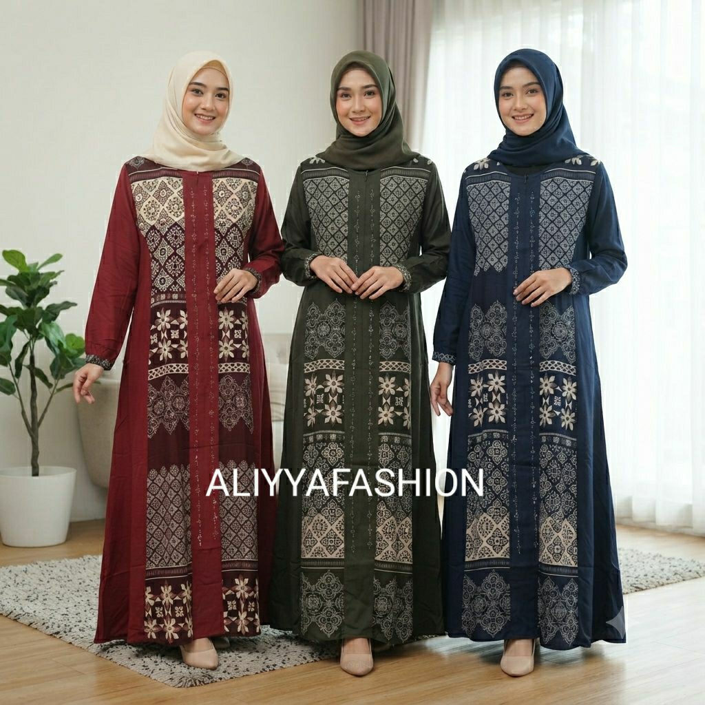 Gamis Polo Linen mix Rayon Motif Gamis Wanita Adem Kekinian Santai Elegan