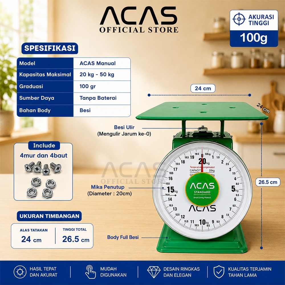 ACAS RH Timbangan Jarum Duduk 20kg 30kg 40kg 50kg Manual  Analog Plat Besi Rata Timbang Sayur Daging