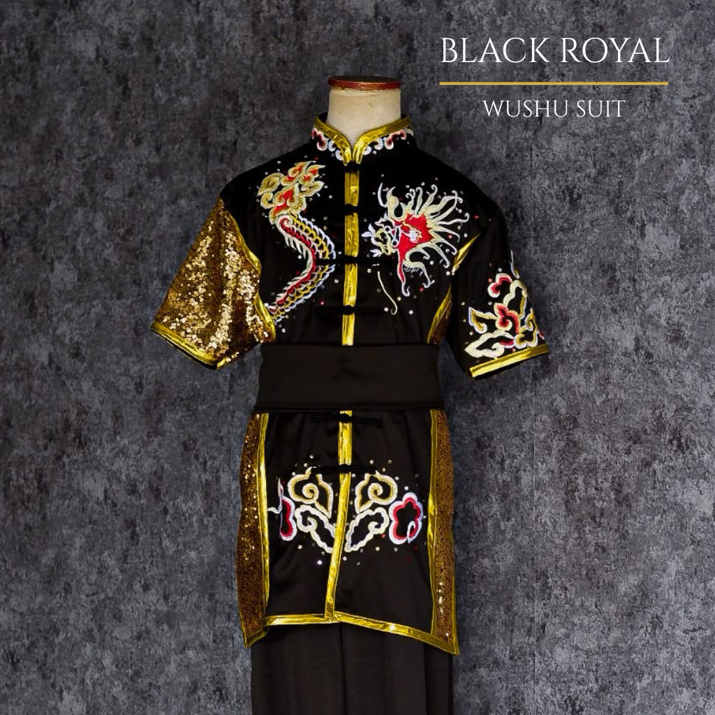 PO Baju Wushu Black Bordir Baju Wushu Tanding Premium Seragam Baju Wushu Hitam Gold Bordir Naga Besa
