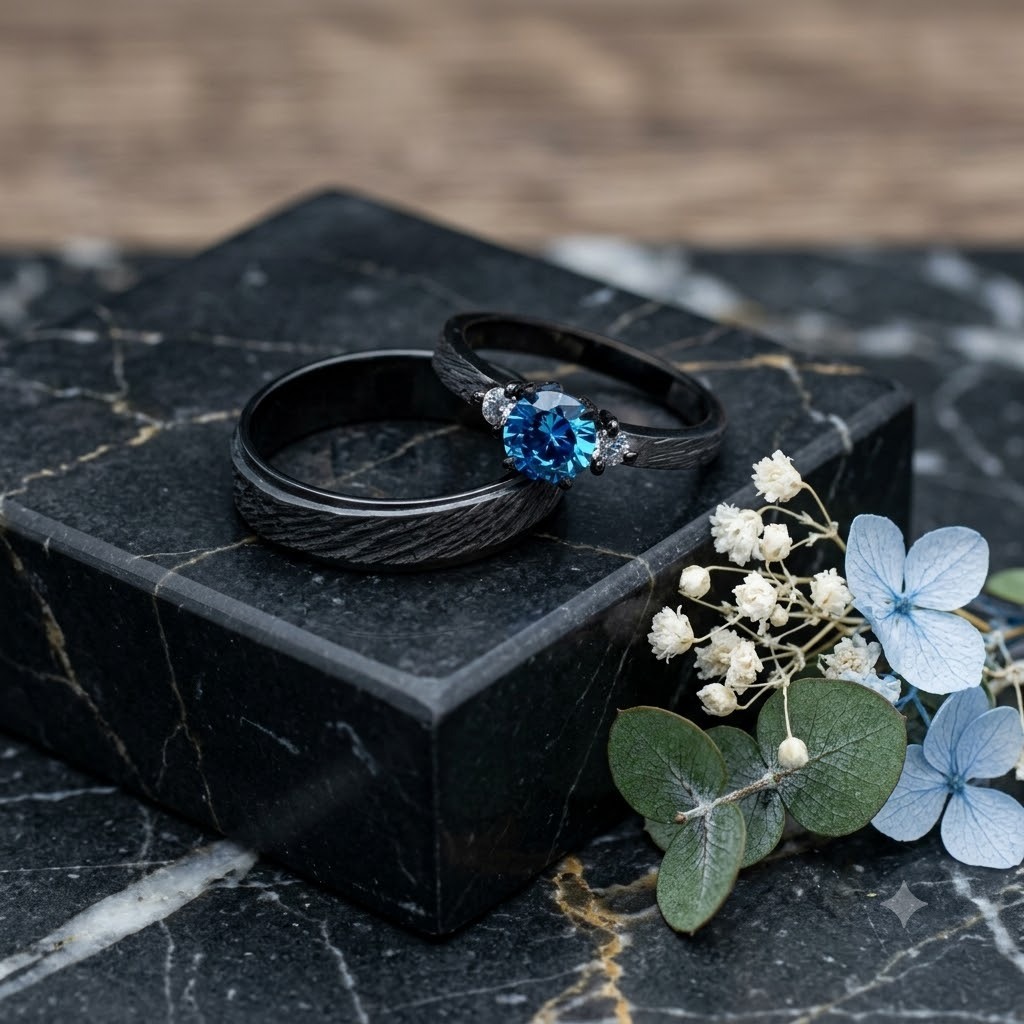 cincin nikah rustik hitam cincin hitam permata biru