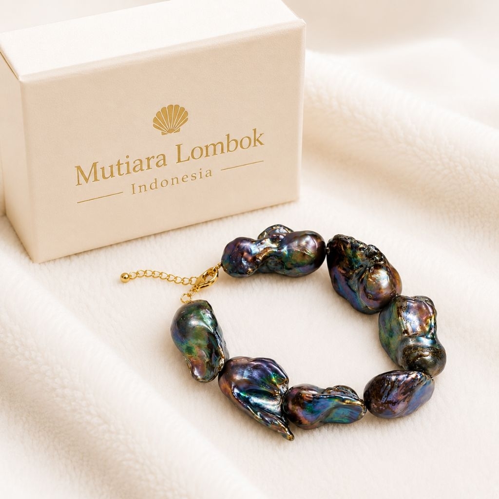 Gelang Mutiara Baroque Hitam Asli Lombok Premium Natural Freshwater Pearl | Mutiara Lombok Indonesia