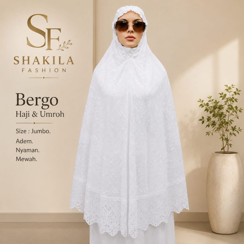 Kerudung Haji & Umroh Wanita Hitam -Putih Katun Bordir Jumbo.Perlengkapan Haji Dan Umroh.Bergo Katun