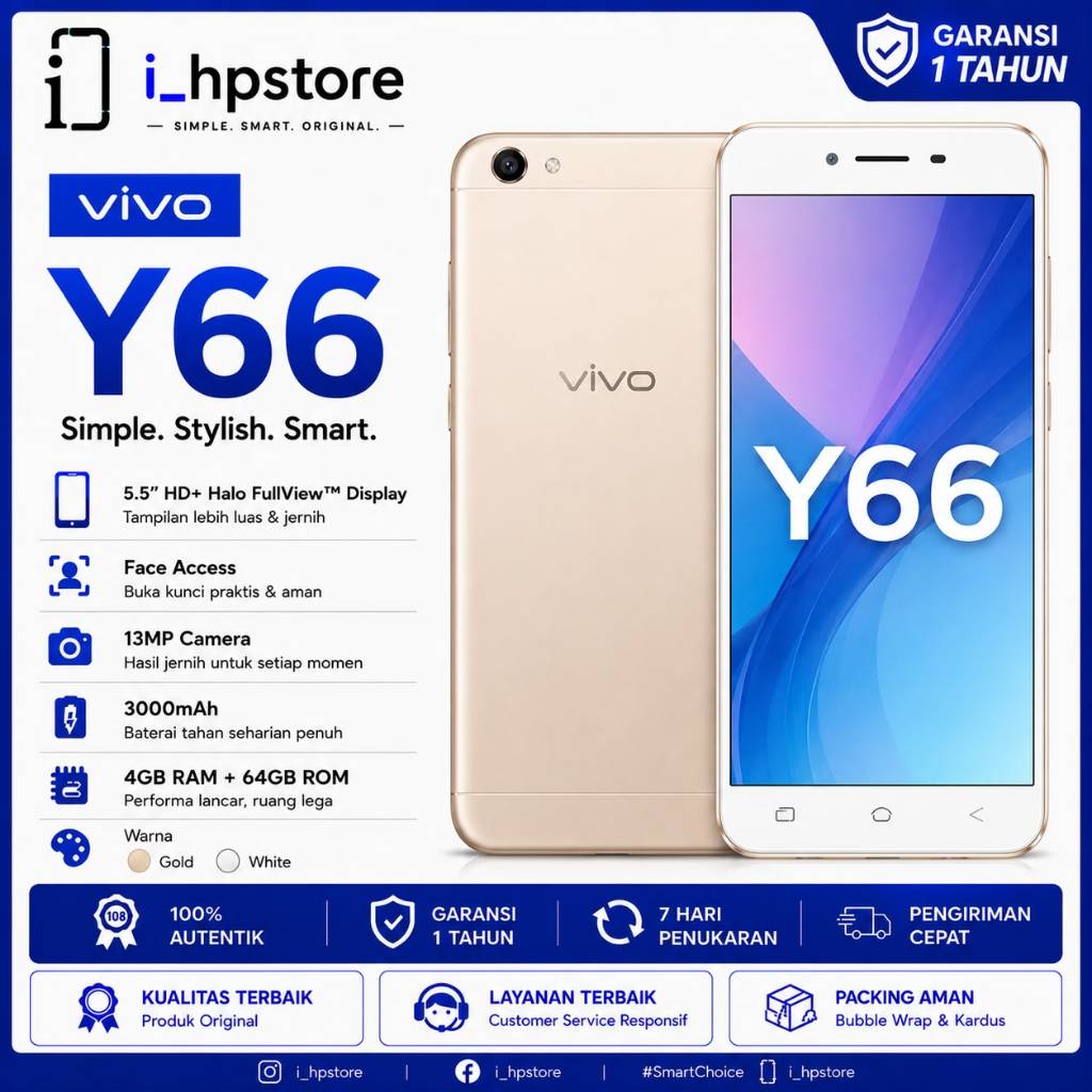 SMARTPHONE HP VIVO Y66 4G RAM 4/64 GB - Desain Elegan Gold, Kamera 16 MP, Baterai 2930 mAh