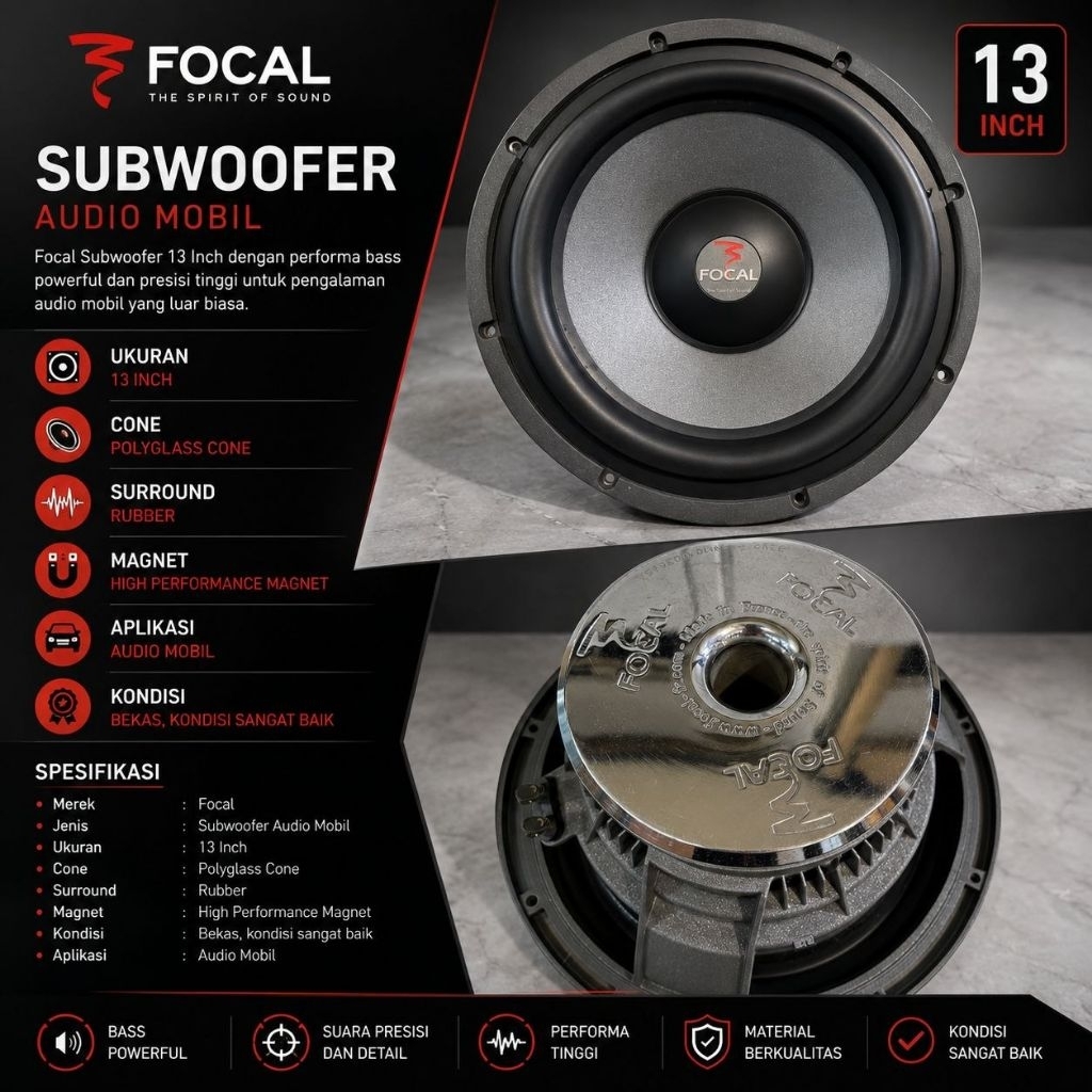 Focal Polyglass, kemungkinan besar model 33 V2 berukuran 13 inci atau 27 V1 berukuran 11 inci.