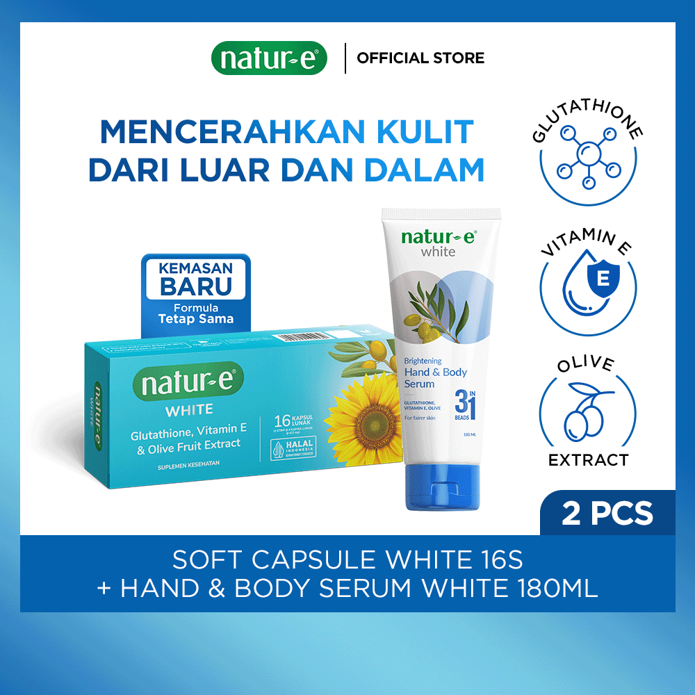 Natur-E Paket Inside-and-Out - White Soft Capsule 16s + Hand & Body Serum 180ml - Skincare & Supleme