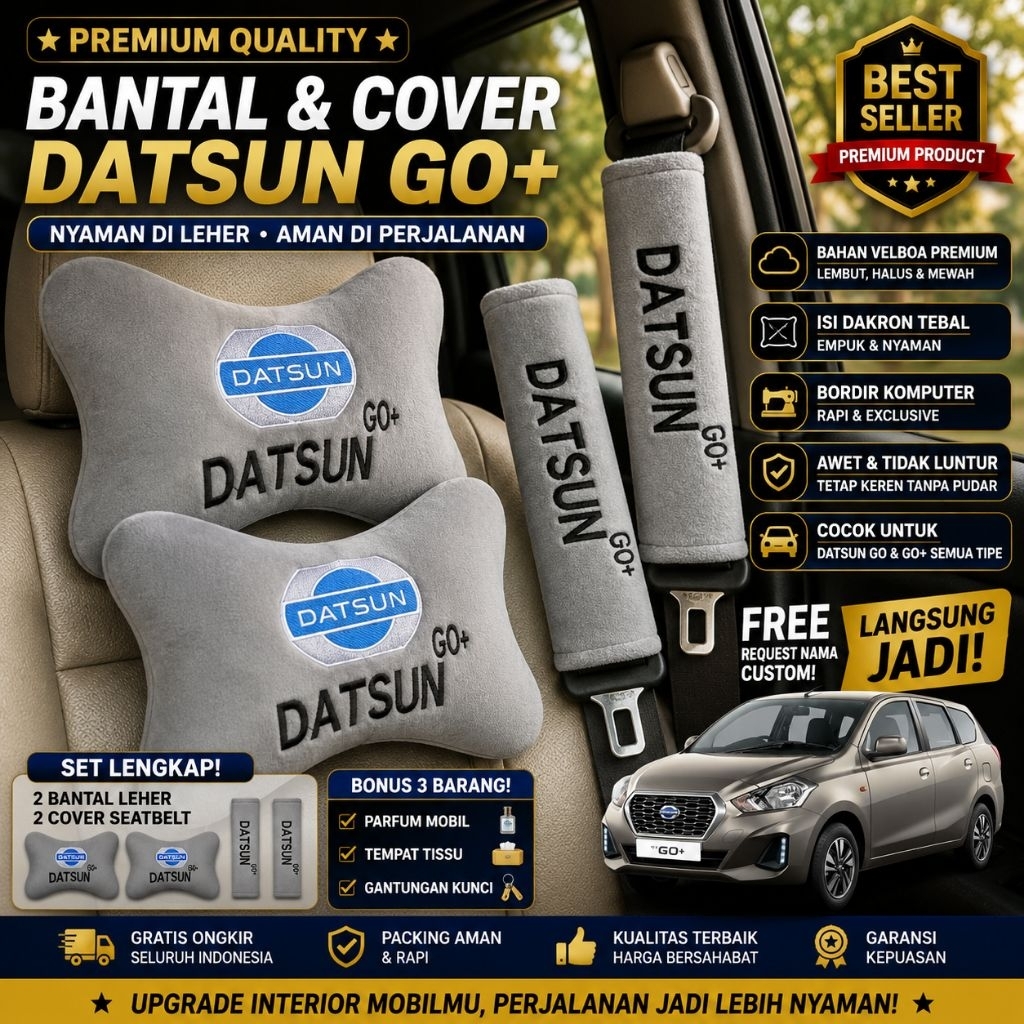 Bantal Mobil Datsun GO Cover Seatbelt Bordir Komputer | Bahan Velboa Premium Isi Dakron Tebal | Cust