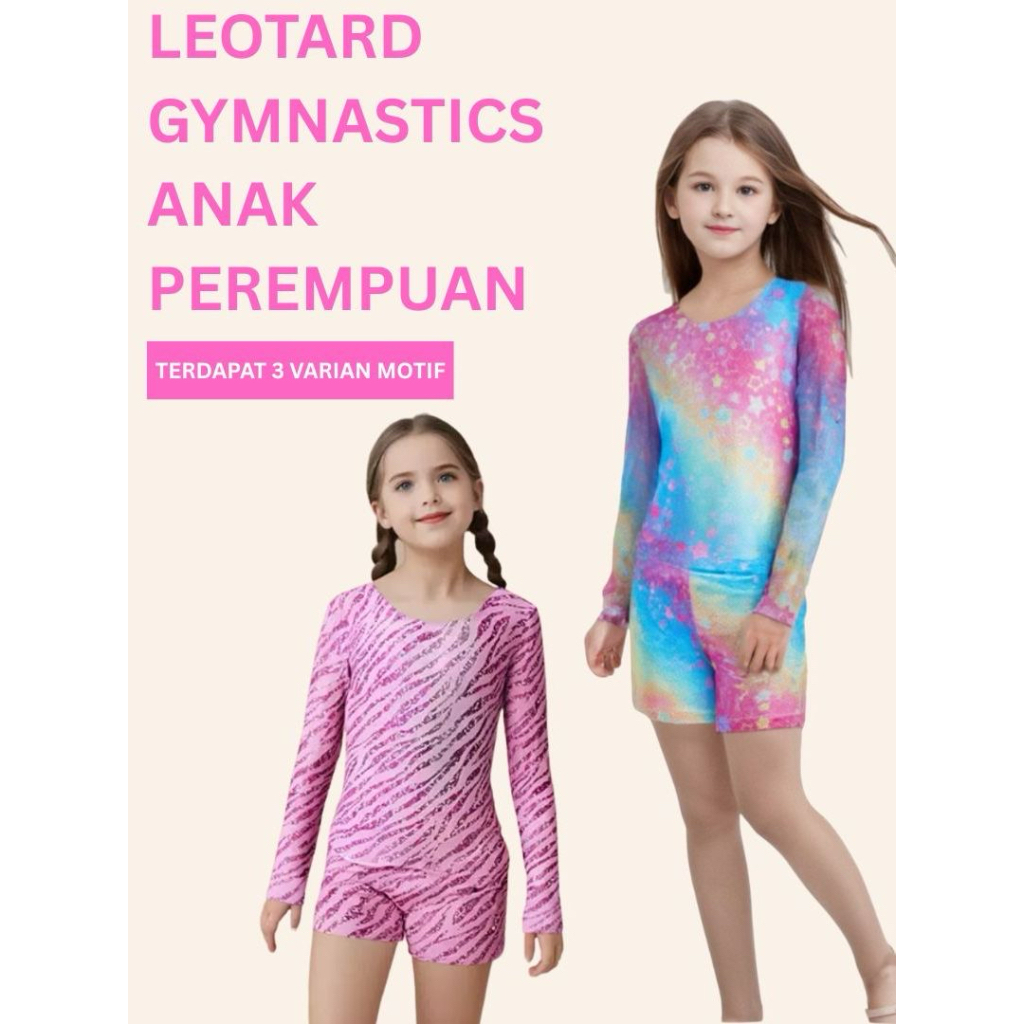 Baju Senam Anak Perempuan Spandex Polyester - Leotard Gymnastics Motif Bintang/ Rainbow / Leopard Us