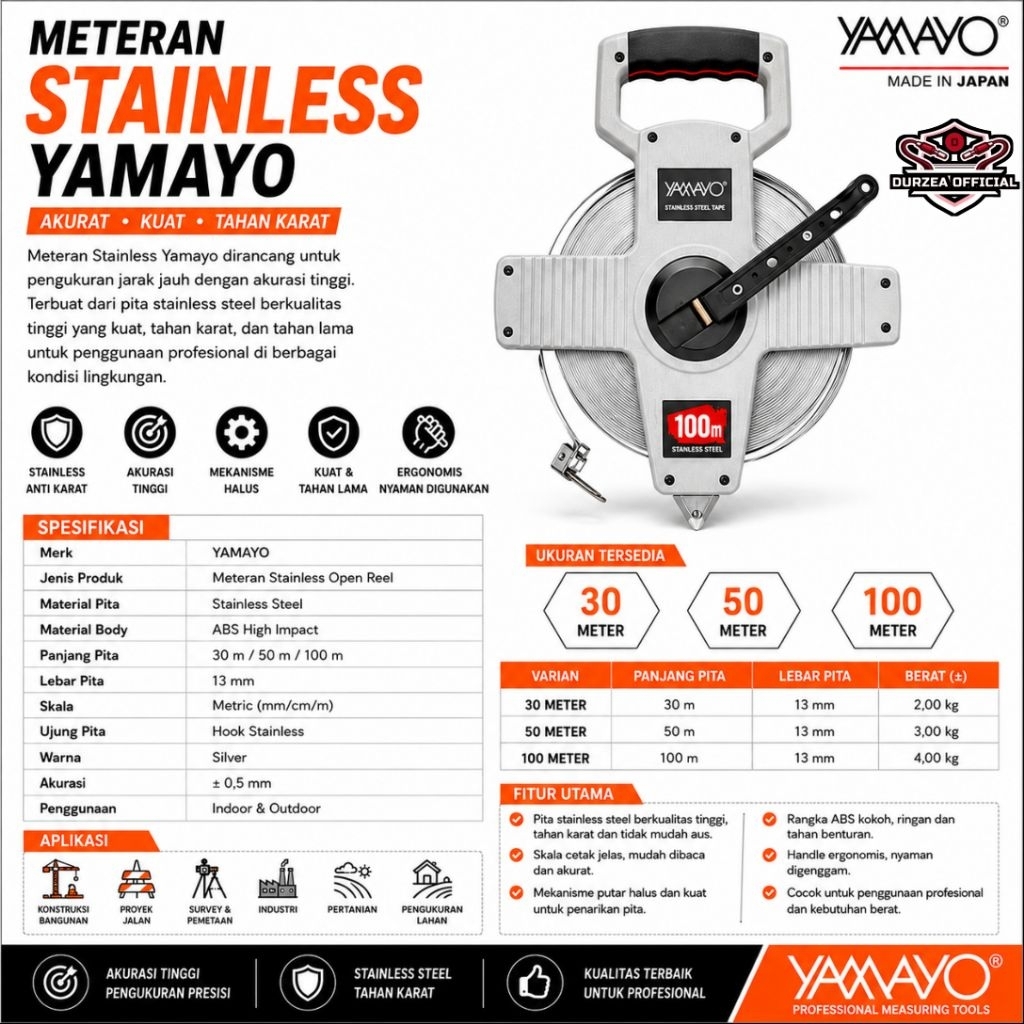30 50 100 meter Meteran Roll Stainless Stell Original Meteran Tancap YAMAYO Stainless Steel Measurin