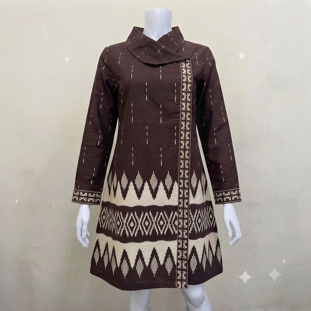 kemeja dan tunik batik lapis furing motif coklat mahogani bahan katun premiun dan lapis furing ready