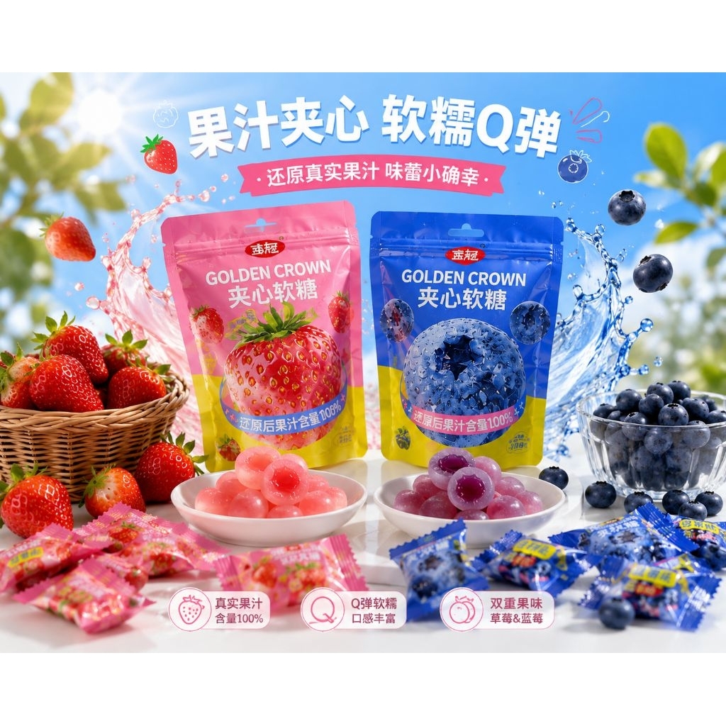 Golden Crown Jelly Candy Premium 188g - Permen Kenyal Isi Buah Stroberi & Blueberry