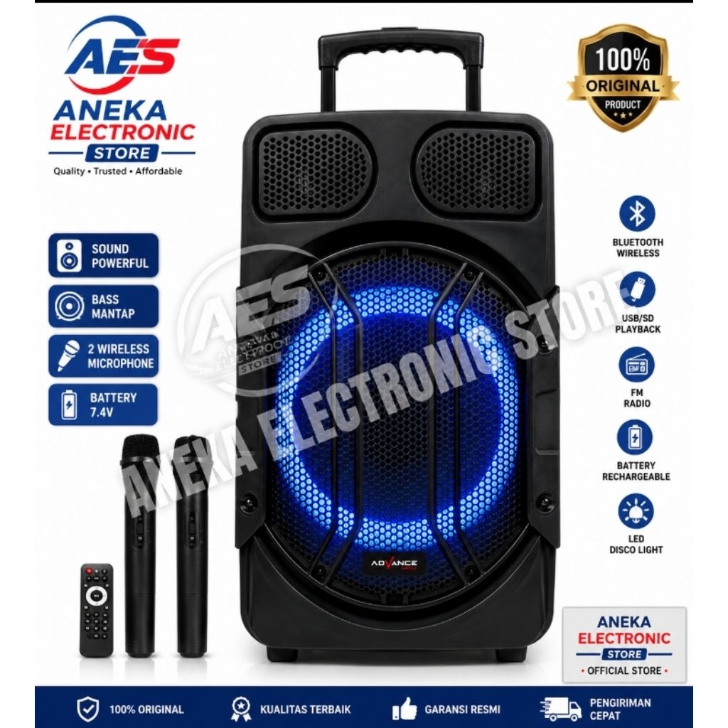 Advance Speaker Bluetooth K-1503 15inch Free 2 Mic Wireless Tanpa Kaki Standing