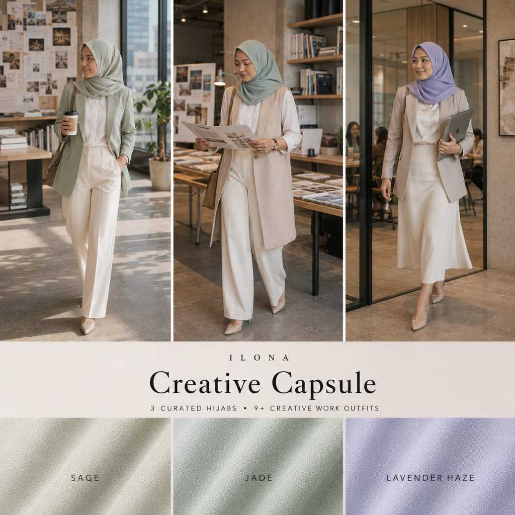 HYRA Ilona Creative | Bundle 3 Airy Paris Segiempat | Hijab Kerja Warna Soft Modern | Sage, Jade & L
