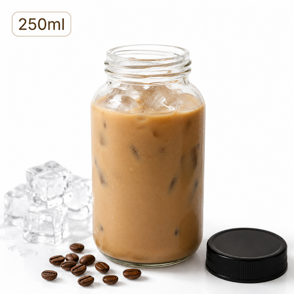 Botol Kopi Susu Kaca 250ml Tutup Hitam | Botol Minuman 250cc | Botol Jus | Botol Kaca