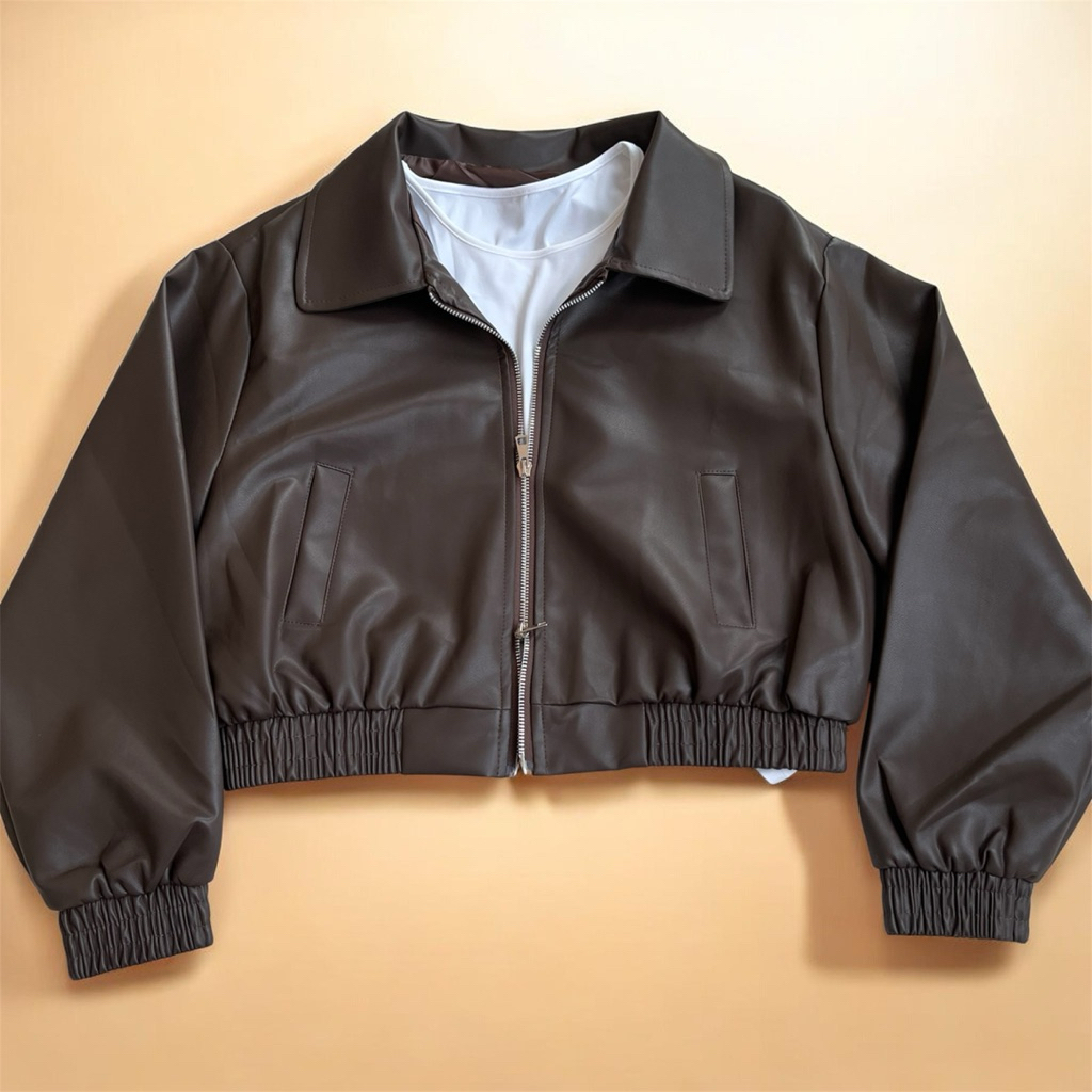 Korean Crop Leather Jacket Brown