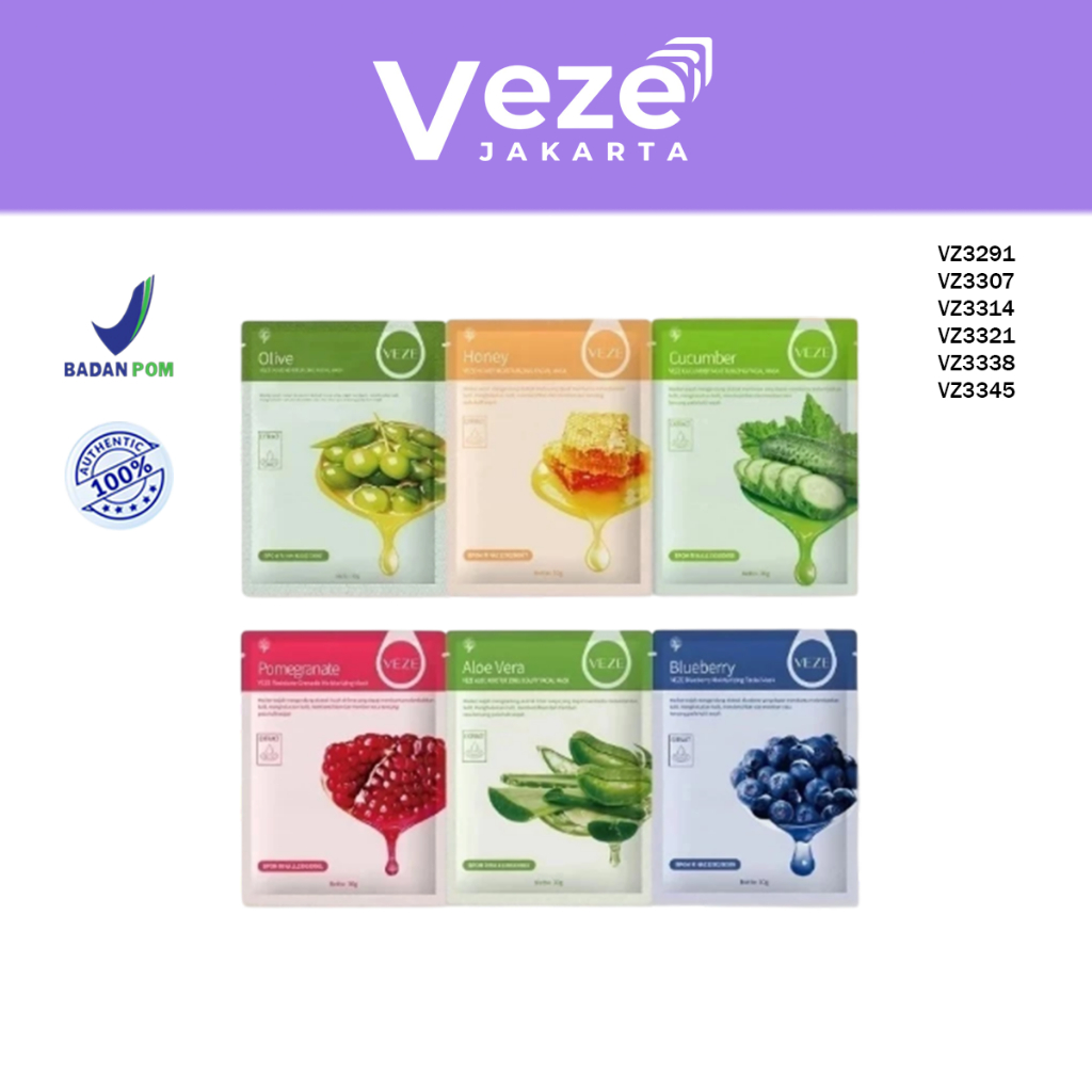 BPOM VEZE Masker Wajah  Korea Sheet Mask 6 Varian Blueberry Aloevera Pomegranate Honey Cucumber Oliv