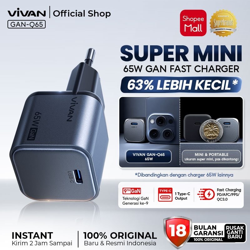 [EXCLUSIVE LAUNCH] VIVAN CHARGER GAN 20W 30W 65W 100W TURBO FAST CHARGING OUTPUT GAN-Q65 GAN METAL
