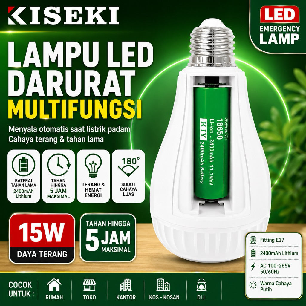 Lampu LED Darurat Emergency KISEKI 15W CK-EM296 Rechargeable Bohlam E27 Multifungsi Baterai Lithium 