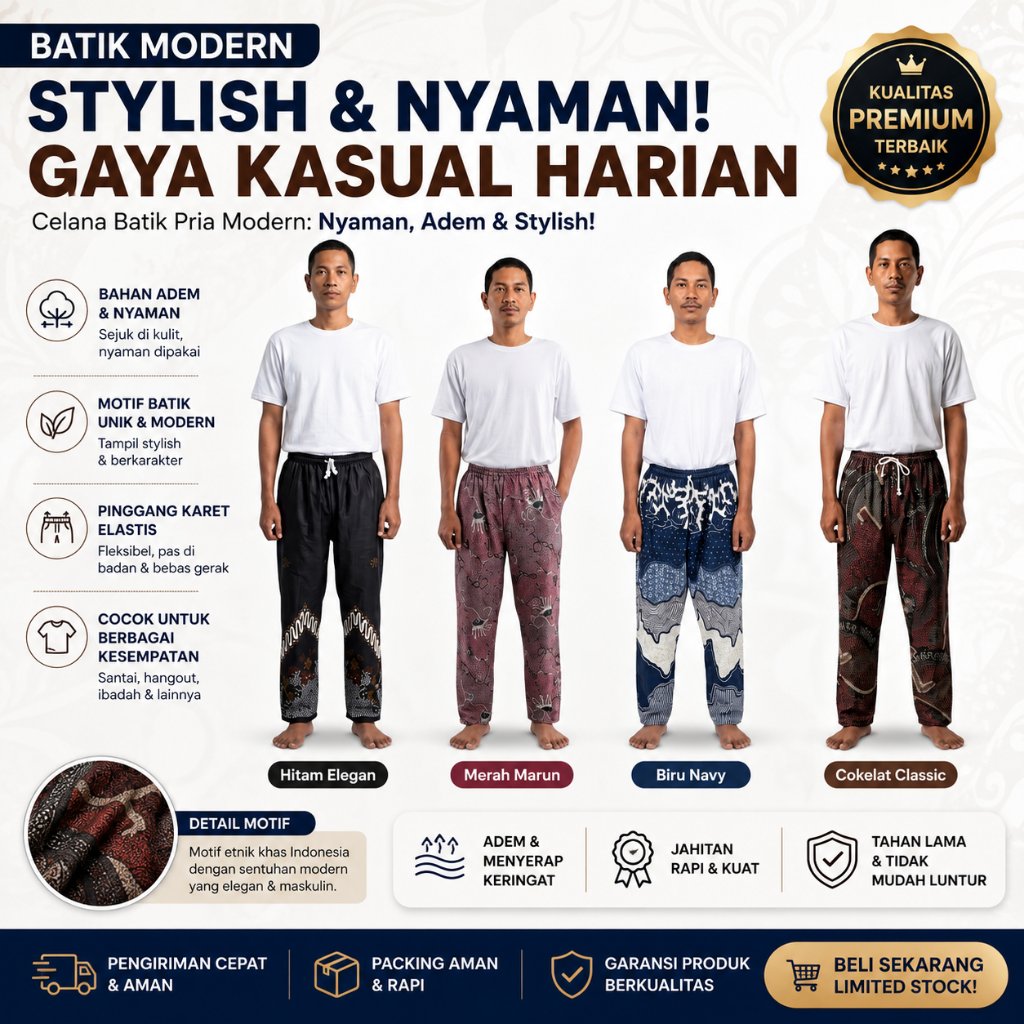 Celana Batik Pria Premium + Selendang Batik Berbagai Motif Ukuran Dewasa