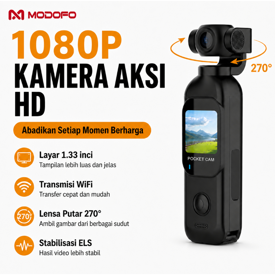 MODOFO kamera vlog 1080P WIFI 1.33inch Layar Sentuh Kamera Aksi Saku 270° Vlog Mini Kamera Olahraga