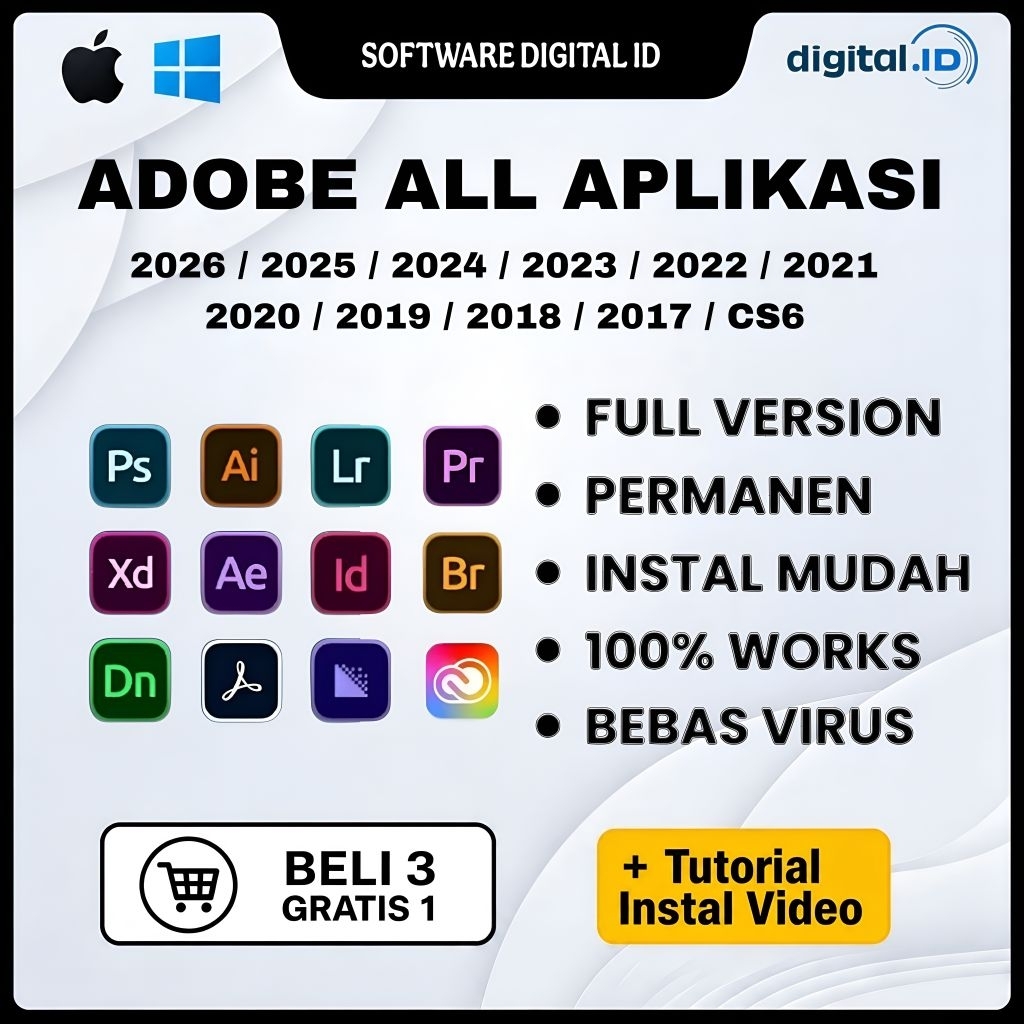 Adobe All Aplikasi ( Photoshop, Illustrator, InDesign, After Effect, Premiere Pro, Acrobat DC Pro, M
