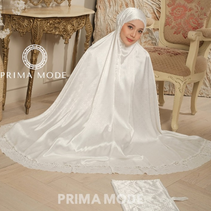 PRIMA MODE EXCLUSIVE - Mukena Sutra Armany Silk Jacquard Renda Tas Sajadah Mukena Putih Umroh Haji P