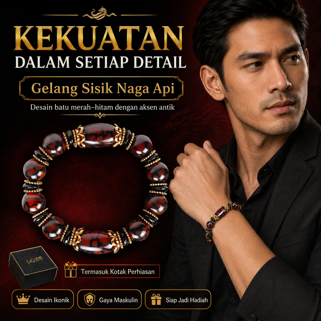 Gelang Pria Sisik Naga Api Merah Hitam Dengan Detail Emas Antik Gelang Manik Elastis Nyaman Dipakai 