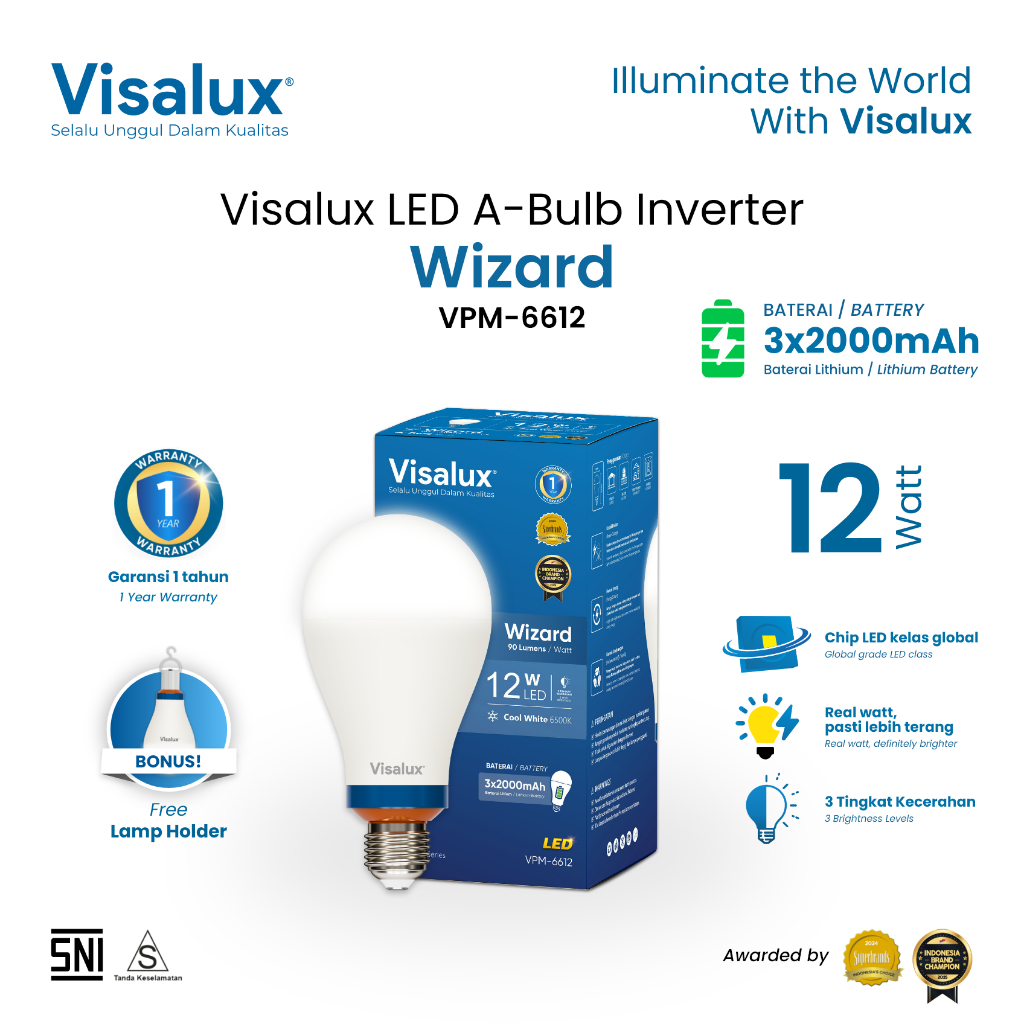 Visalux Wizard LED A-Bulb Inverter Emergency Lamp 12W E27 - Lampu Darurat Rechargeable 3x2000mAh Cah