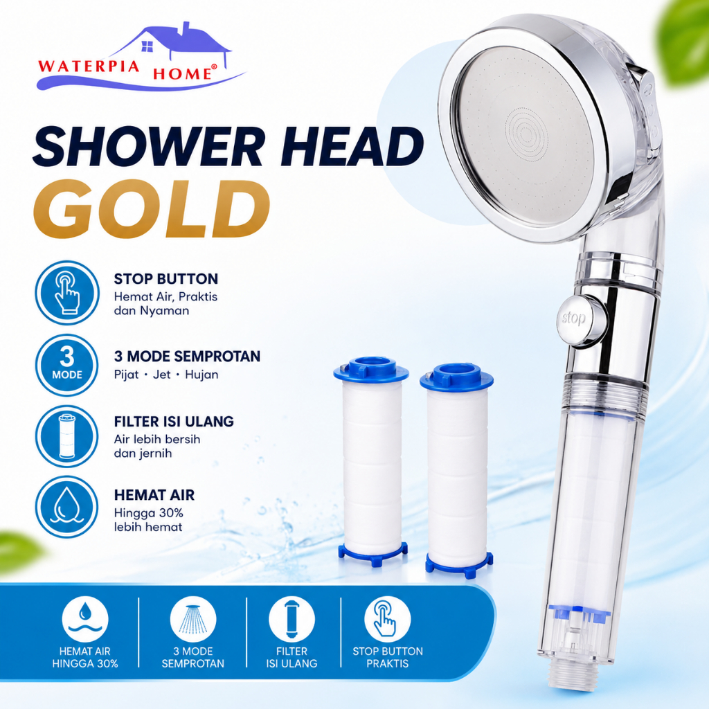 Kepala Shower Warna Gold Ukuran Besar dengan Tombol Stop Kamar Mandi