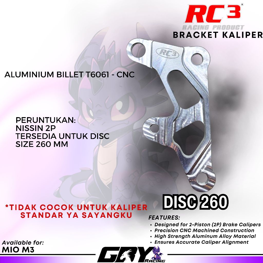 RC3 Racing Product Bracket Kaliper 2 Piston Mio M3 Disc 260 mm Braket Piringan 260 Mio M3