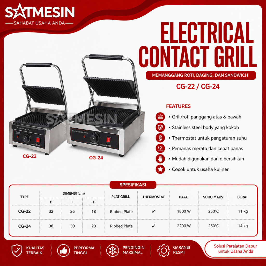 Satmesin Mesin Contact Grill Listrik CG-22 | Electric Contact Grill Pemanggang Roti Sandwich Steak P