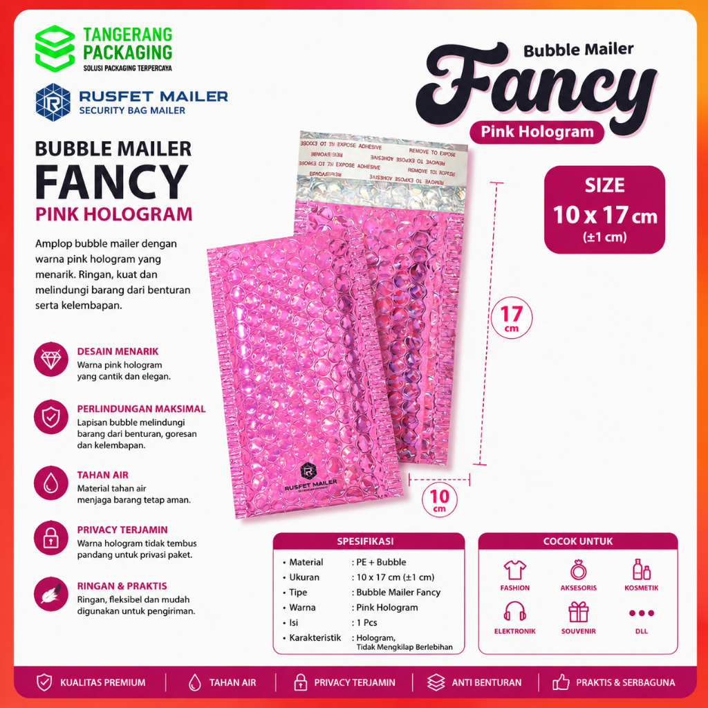 Bubble Mailer Pink Hologram 10x17 Amplop Bubble Rusfet Packing Satuan