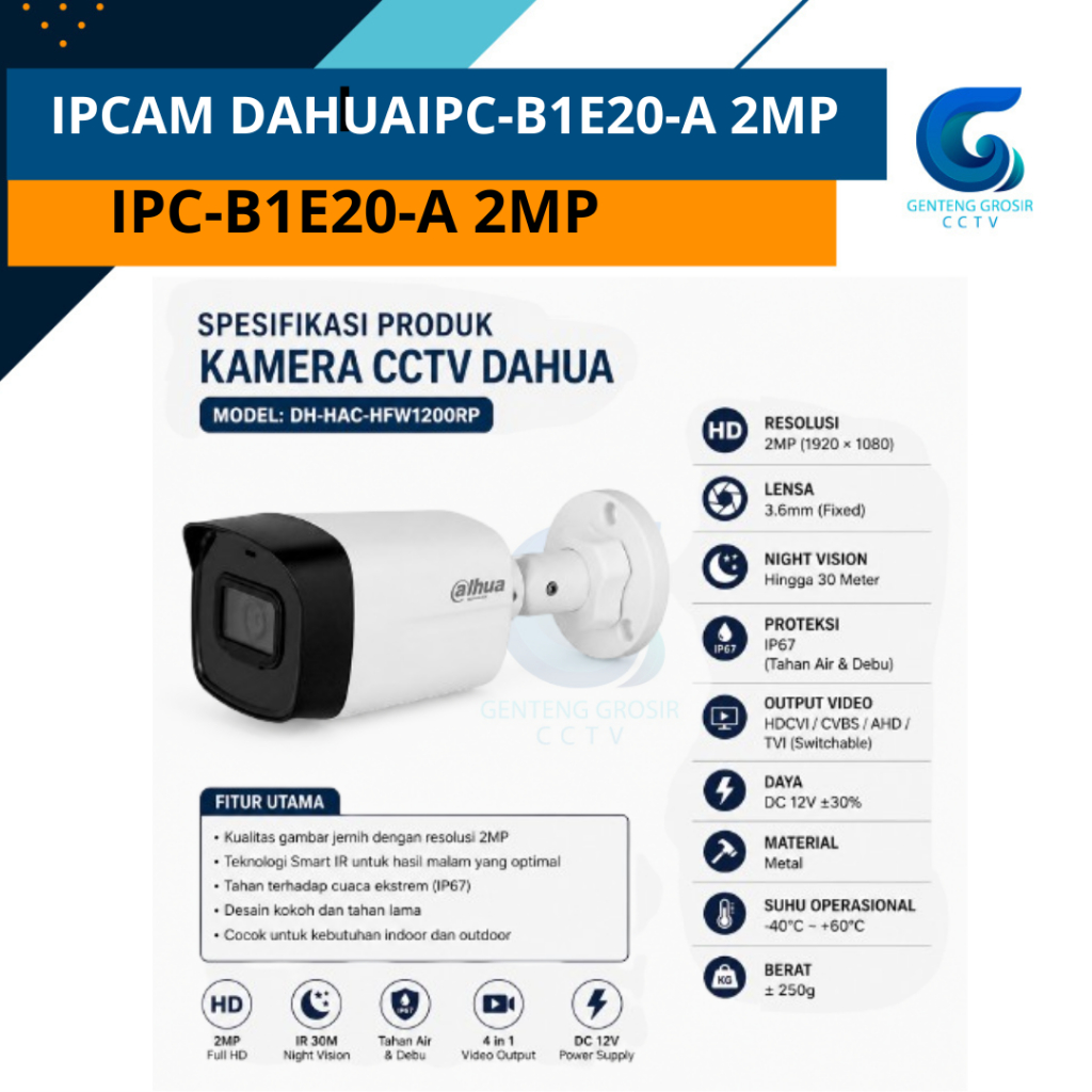Kamera CCTV Outdoor Dahua 2MP - Night Vision, Infra 20m, Lensa 3.6mm