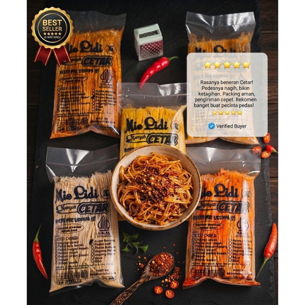 Mie Lidi Cetar Bumbu Kering Original Banyumas Asli Nyonya Cetar  Asin Pedas Manis  Bawang Ayam Jagun