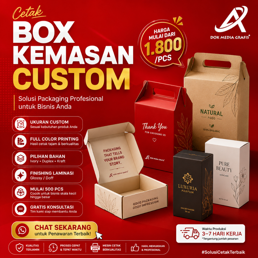 BOX CUSTOM (PACKAGING MAKANAN DLL) Cetak Packaging Bisnis & Gift Box Secara Custom Ukuran Bebas Baha