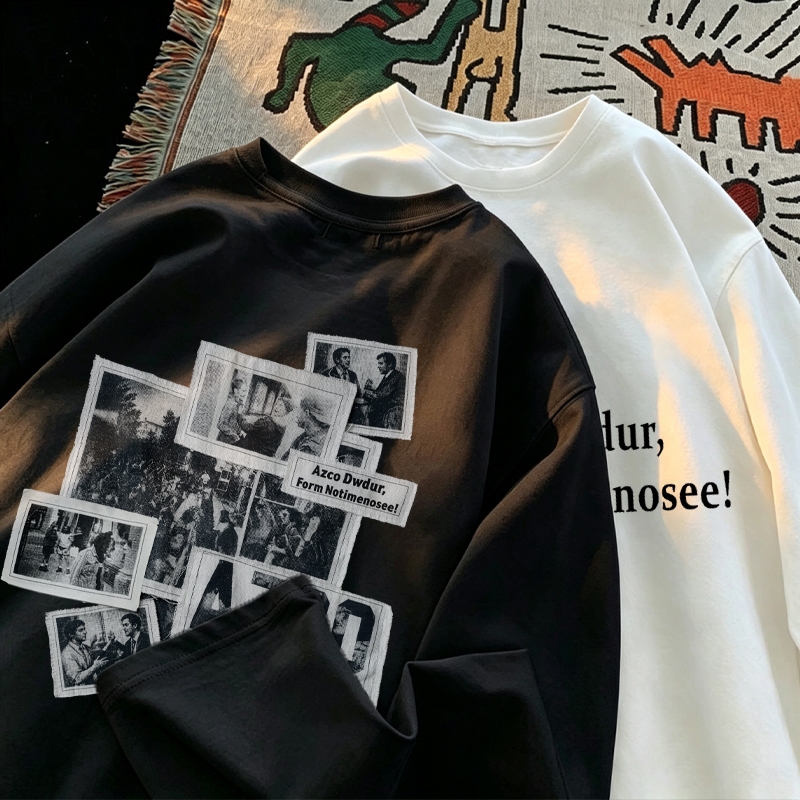 TINY Kaos Panjang Oversize Pria Cowok Wanita Cewek Unisex Warna Hitam Putih Motif Kolase Foto Koran 