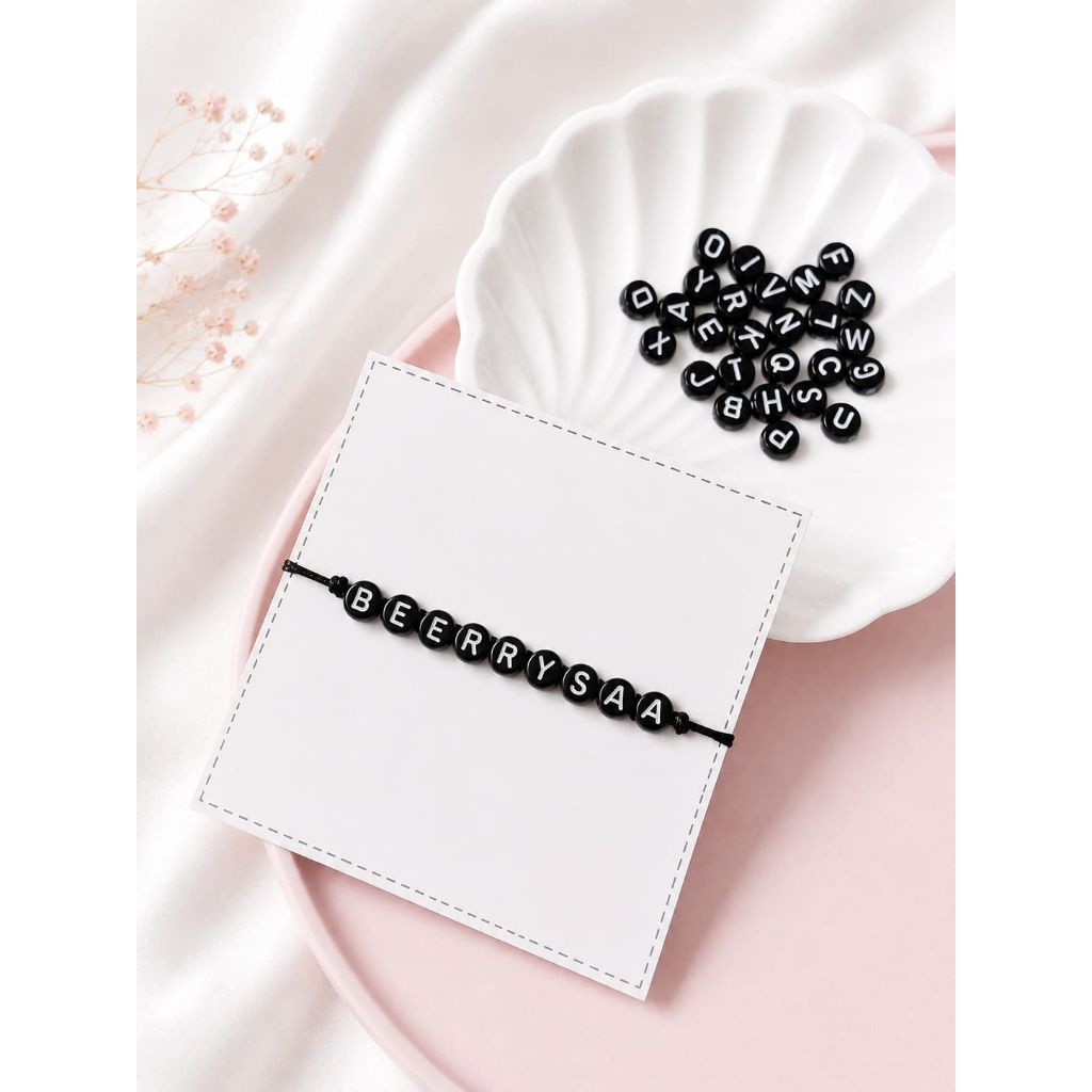 ( Beerrysaa ) gelang costume nama Bulat Pipih Hitam tali serut | Gelang huruf / inisial nama | gelan