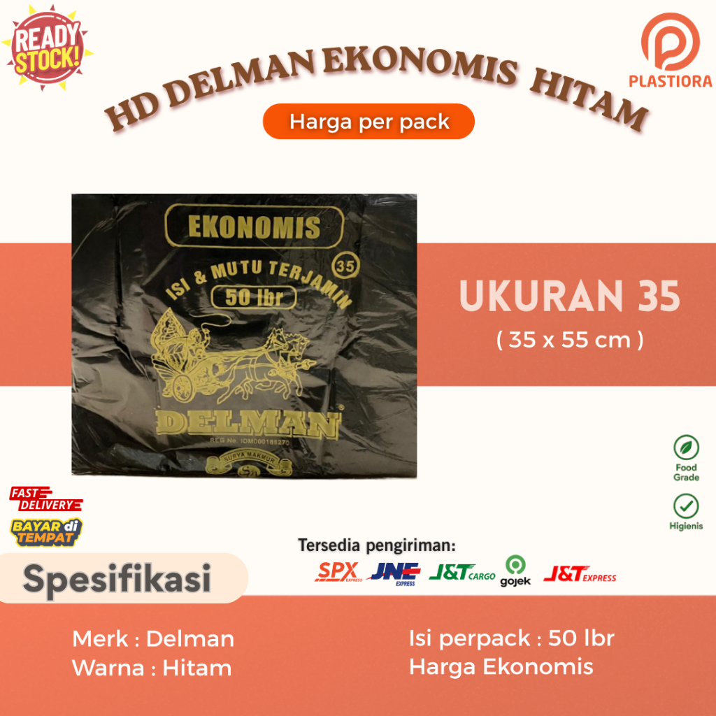 Plastiora Kantong Plastik Kresek Besar Delman Ekonomis Uk. 35 Hitam 50 lbr Warung Toko Kualitas LOCO