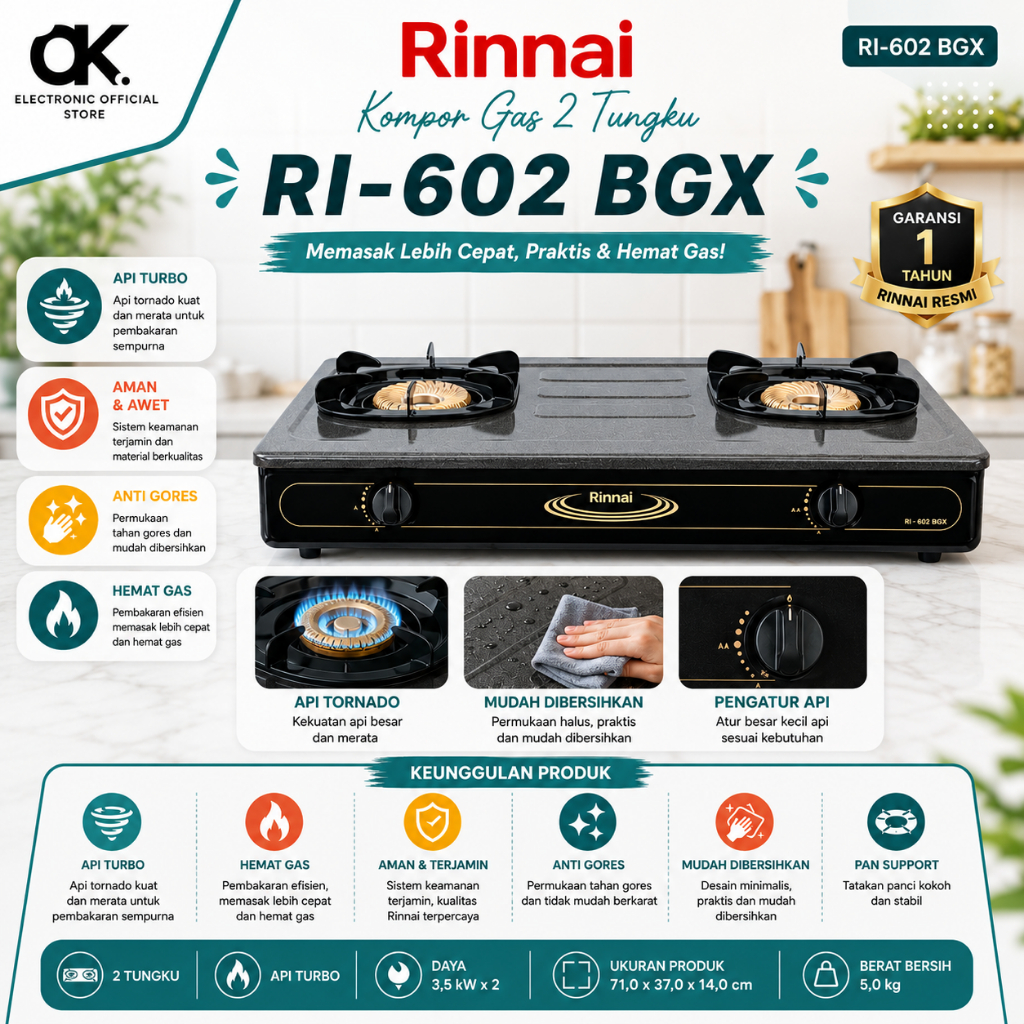 RINNAI KOMPOR GAS 2 TUNGKU RI 602 BGX/RI602BGX/RI602 BGX/RI 602BGX/RI-602BGX/ORIGINAL RINNAI/GARANSI