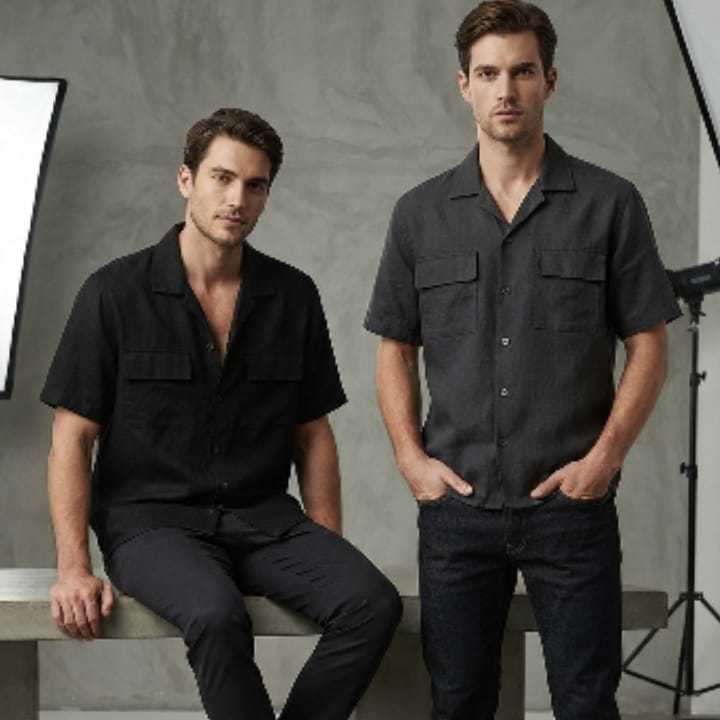 Men's Shirts Linen two Pockets Black N Gray DS3250