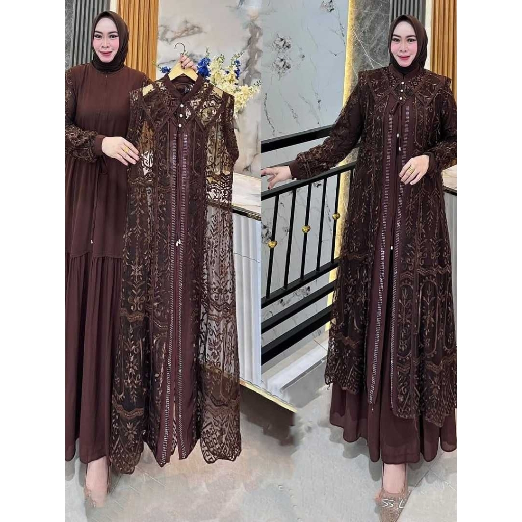 Shelena Dress Gamis Kondangan Brukat Ceruty Plus Rompi Brukat Mahogany Dress Janggan Gaun Pesta Gaun