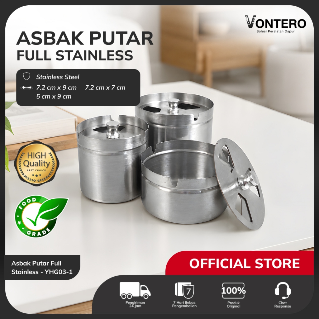Vontero Asbak Putar Stainless Steel Anti Angin dengan Tutup Tekan Portable Tebal untuk Meja Rumah Ca