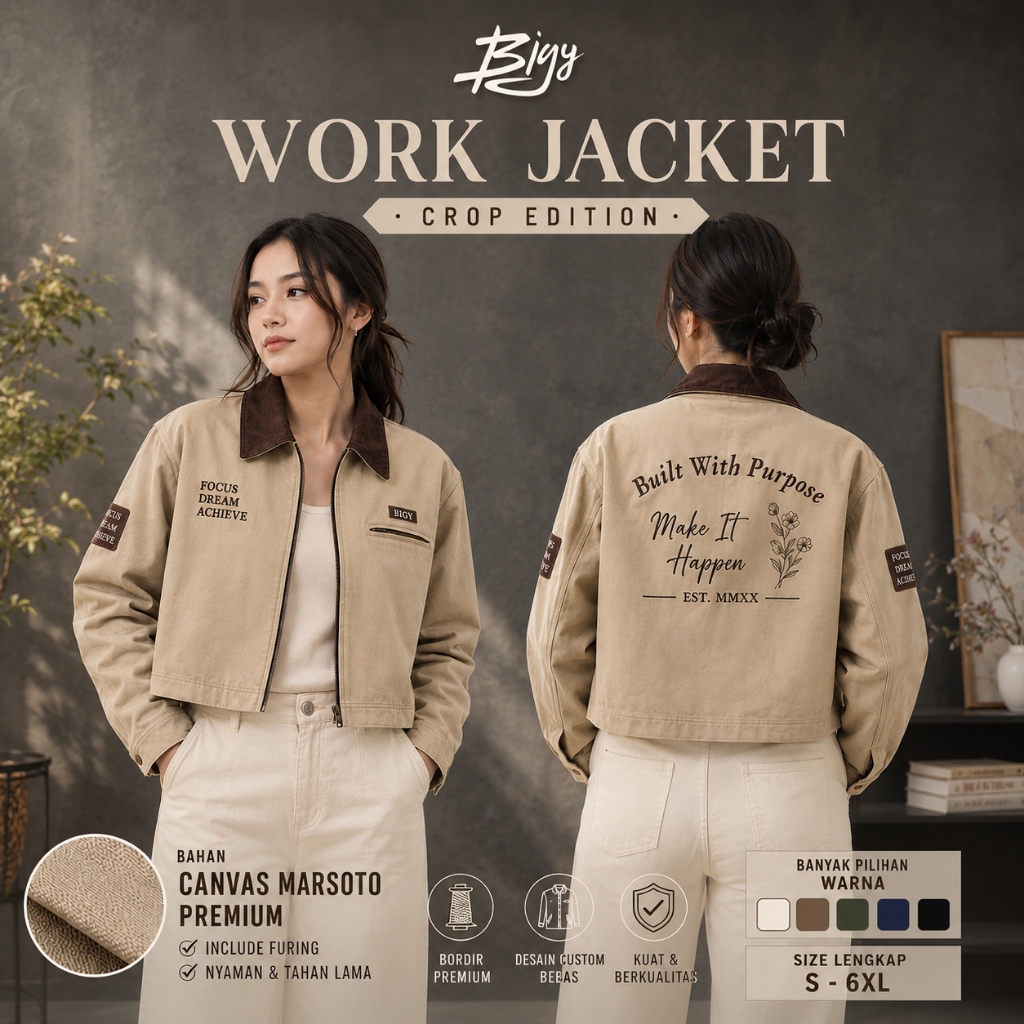 WORK JACKET CROP CUSTOM SABLON BORDIR | Jaket Kerja Canvas Marsoto 280 | Banyak Pilihan Warna | Vint