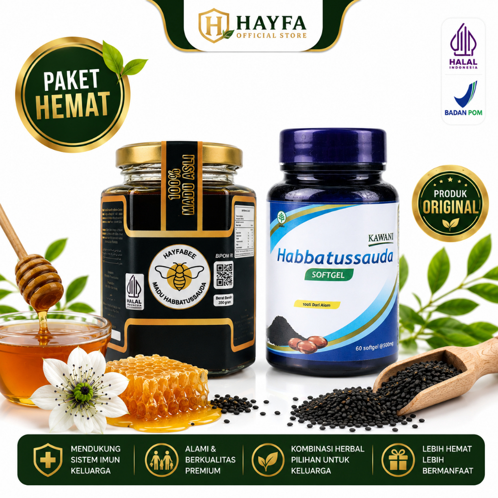 HAYFA OFFICIAL STORE - Paket Imunitas Keluarga | Madu Habbatussauda Hayfabee 350g + Softgel Habbatus
