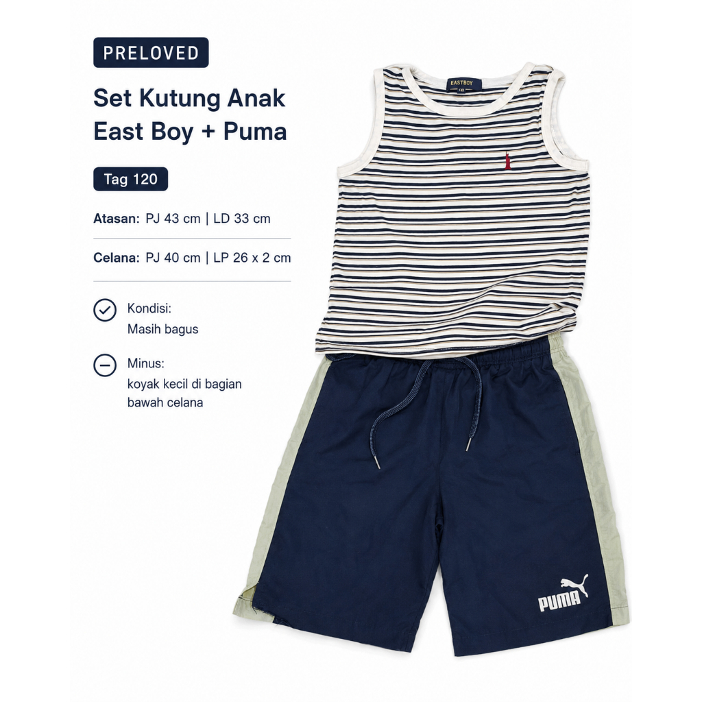 Set Anak East Boy x Puma Kutung Garis Celana Pendek Navy Tag 120 usia 5-6th Preloved