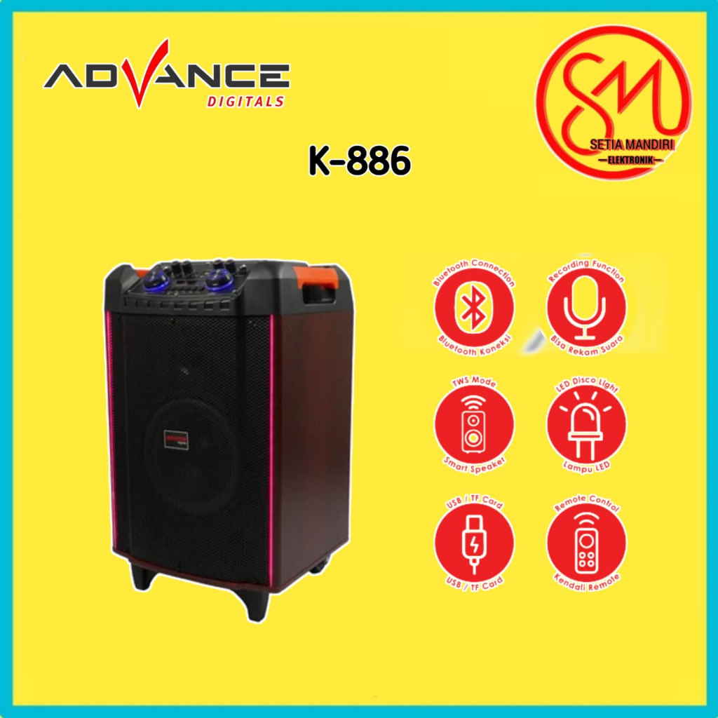 Advance K-886 Speaker Portable Bluetooth Trolley – Dual Mic Wireless, LED, Remote Control Bergaransi