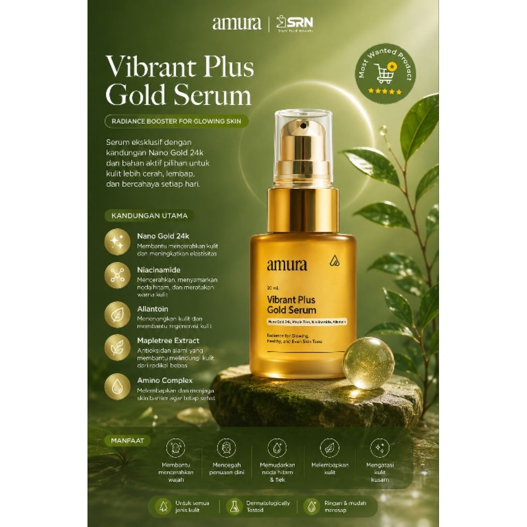 Amura Vibrant Plus Gold Serum 20ml | Gold Serum Wajah | Brightening Serum | Serum Glowing