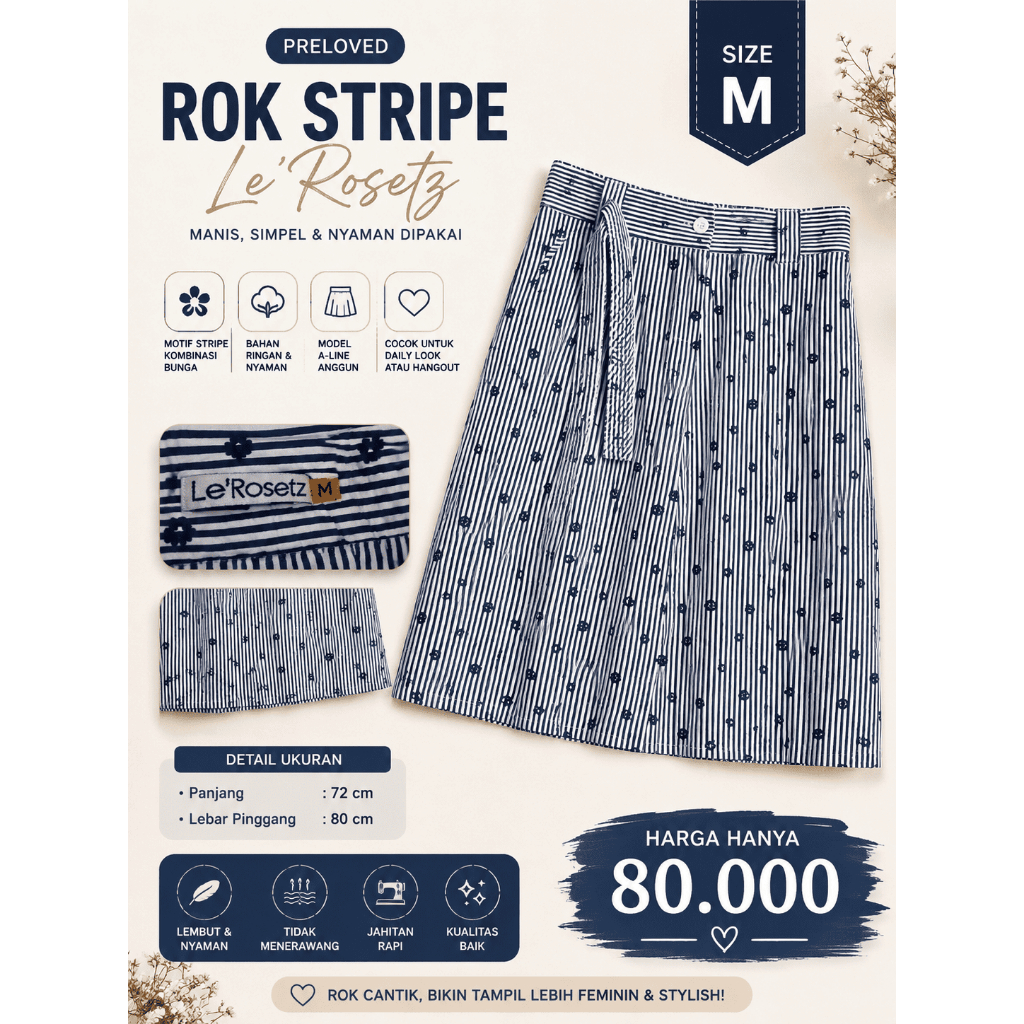 Rok Stripe Le'Rosetz Preloved Motif Garis Bunga Biru Putih A-Line Ukuran M