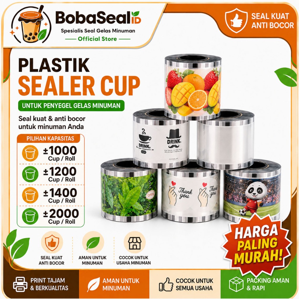 (1 ROLL) Plastik Lid Sealer Cup | Polos Motif | cup Sealer Plastik | Lid Cup Sealer