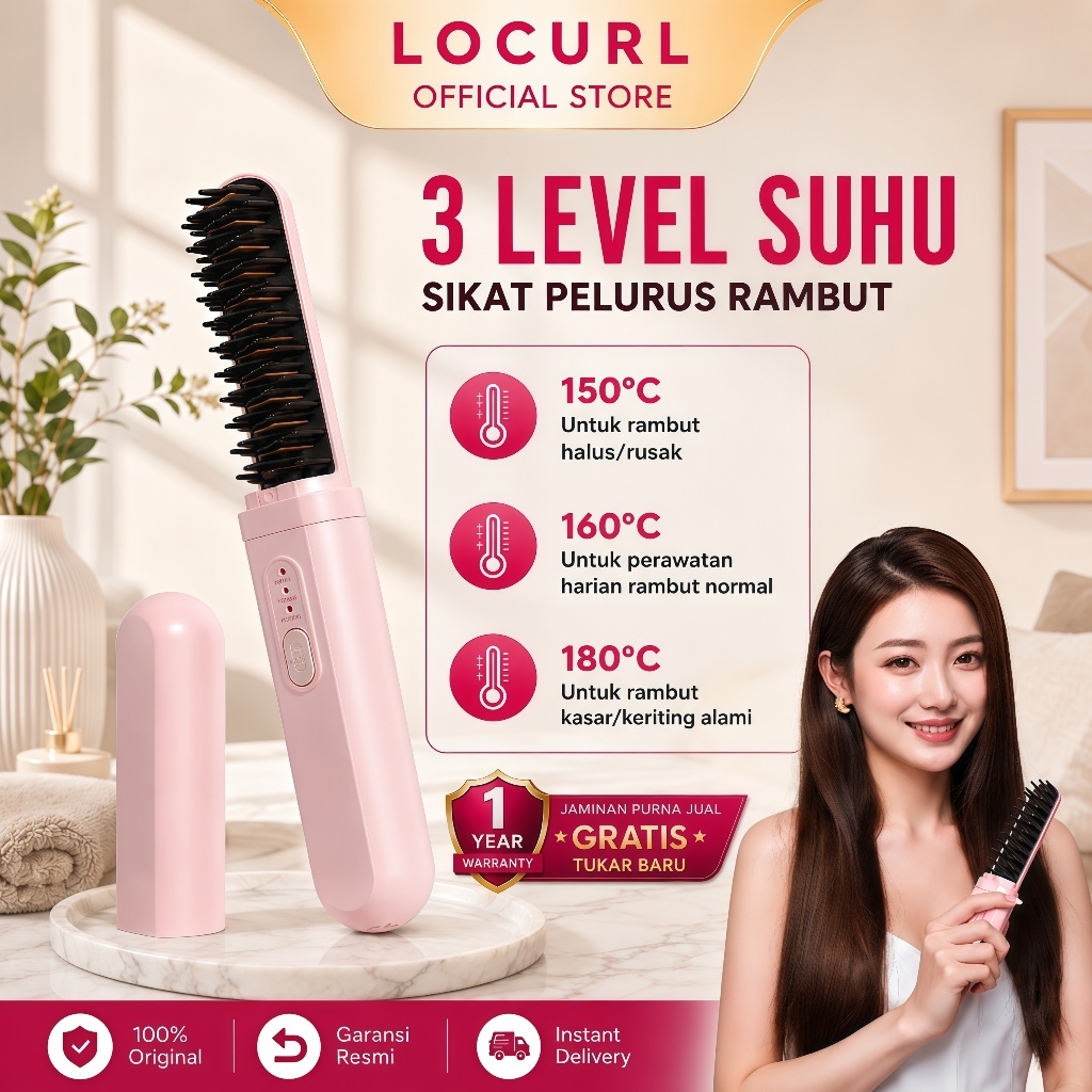 LOCURL - Sisir Catok Pelurus Catokan Rambut Elektrik, Pelurus HairStraightener Brush Sisir Catokan P